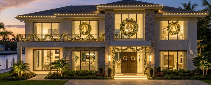 Waterfront Miami home with lit roofline, wreaths and garland at dusk