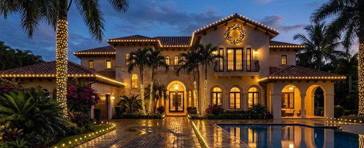 Mediterranean-style South Florida estate with lit roofline and wrapped palms