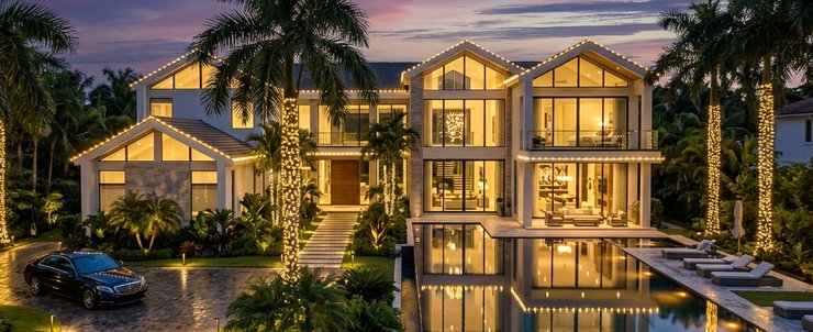 Large Miami estate with pool, wrapped palms and full roofline lighting at sunset